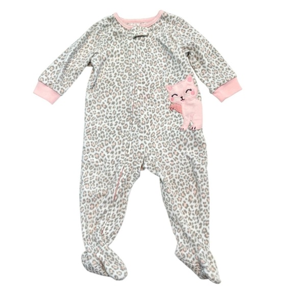 CARTER’S Fleece Pink & Gray Leopard w/Cat Print Footie BABY Girl Size 12 Months - Picture 1 of 3